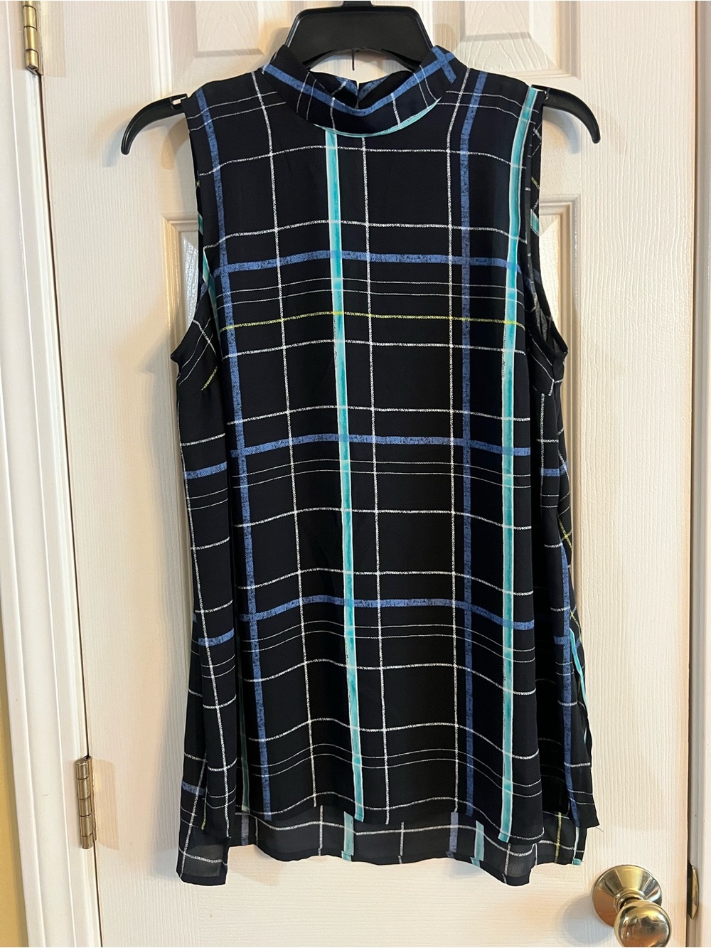 Apt. 9 Black Plaid Sleeveless Mock Neck Blouse with Blue Accents